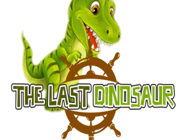 A small green dinosaur holding a ships wheel